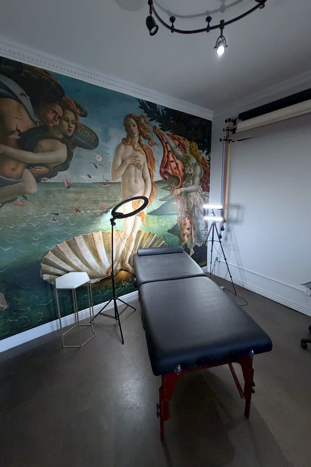 The AEInked treatment room, set against a full wall mural of Botticelli's Birth of Venus.