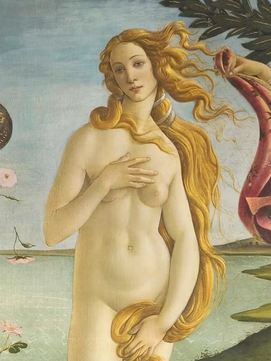 Venus from Sandro Botticelli's The Birth of Venus, c. 1486, her golden hair lifting in the wind as she comes ashore.
